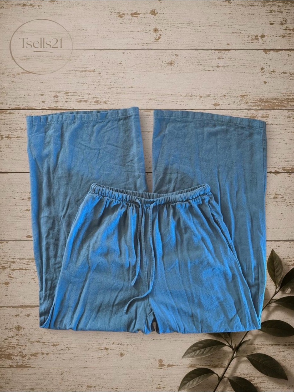 Blue Linen/Cotton Blend Wide-Leg Pants - Size M